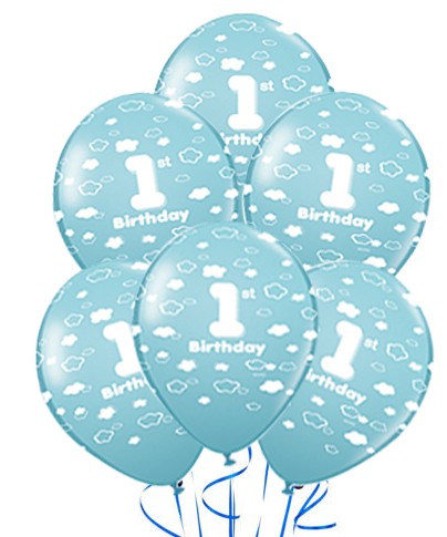 12" 1st Birthday Printed Allround Blue Latex Balloons 5pcs
