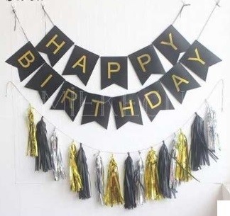 Happy Birthday Black Flag Banner with Paper Tassels package A