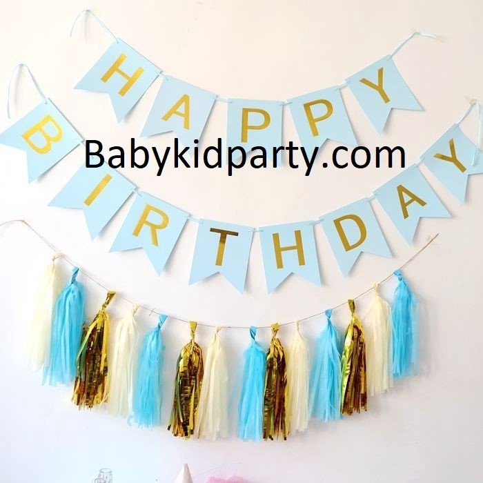 Happy Birthday Blue Flag Banner with Paper Tassels package