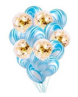 10pcs Blue Marble with 5pcs Gold Confetti 12in Latex Balloon Bouquet