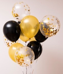 12pcs Black, Gold and Gold Confetti 12in Latex Balloon Set