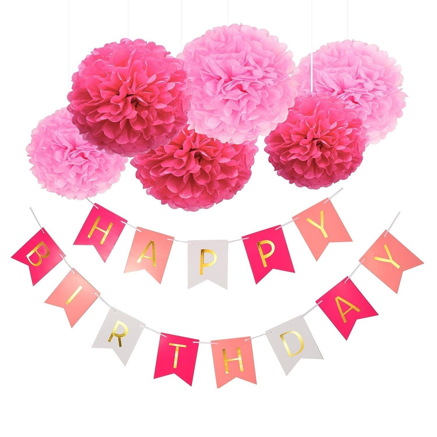 Happy Birthday Pink Flag Banner with Pink Fluffy Ball Decorations package