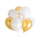 10pcs Gold, White and Silver Confetti 12in Latex Balloon Set
