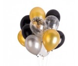 12pcs Black, Gold, Silver and Silver Confetti 12in Latex Balloon Set