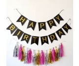 Happy Birthday Black Flag Banner with Paper Tassels package B