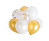 10pcs Gold, White and Silver Confetti 12in Latex Balloon Set