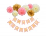 Happy Birthday Pink Flag Banner with Fluffy Ball Decorations package